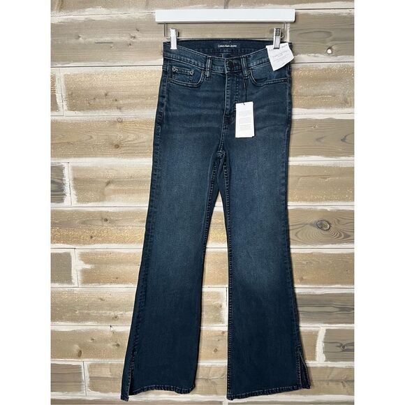 Calvin Klein CK Women's Super-High Rise Flare Slit Hem Blue Jeans Size 24 - Picture 2 of 9